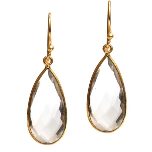 Gempires Labradorite Faceted Long Pear Gemstone Drop Dangle Hook Earrings, Statement Jewelry For Her, 1.5 inch Drop 14K Gold Plated, Gift For Woman