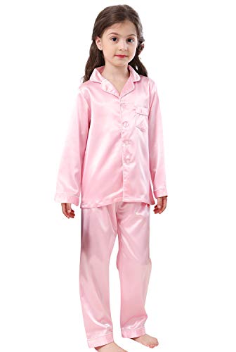 Image of Pajamas Kid Unisex Pjs Set Girls Boys Silk Pajamas Set Satin Long Sleeve 2 Piece Clasic Sleepwear for 2-12 Years Todder