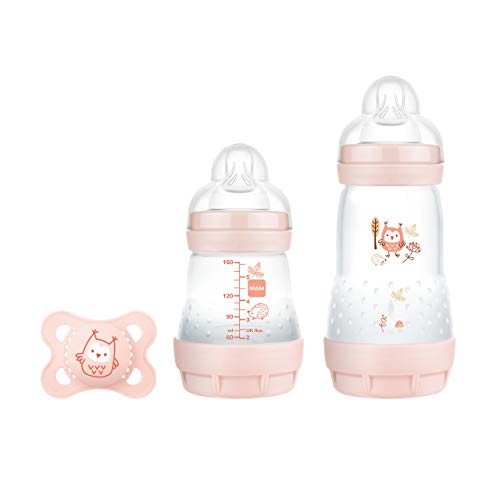 MAM Easy Start Anti-Colic Elements Kit de démarrage pour bébé avec 2 bouteilles anti-coliques (160 ml et 260 ml) avec tétine taille 1 et tétine, kit cadeau pour bébé dès la naissance, hibou