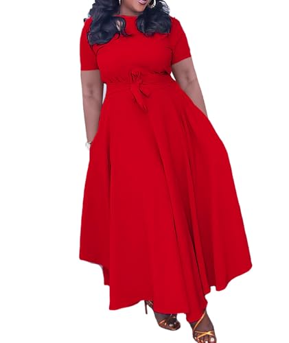 Image of SOMTHRON Women's Casual 3 /4 Sleeve Long Maxi Dress A-Line Flared Solid Wrap Tie Waist Swing Dresses