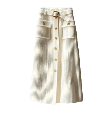 Women's High-Waisted A-Line Knit Skirt, High-End Buttoned Solid Color Pocket Skirt