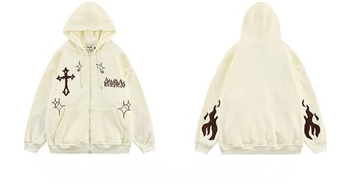 CUTEGAL Aesthetic Hoodie Y2K Gothic Graphic Hoodies Flame Cross Print Unisex Oversized Hooded Tops Streetwear