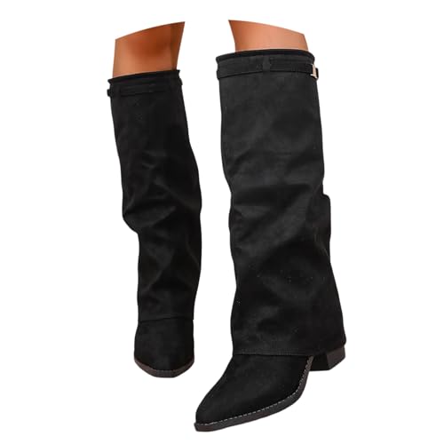 Overknees Stiefel Damen - Fold Over Shark Boots Kniehohe Stiefel mit Absatz Blockabsatz...