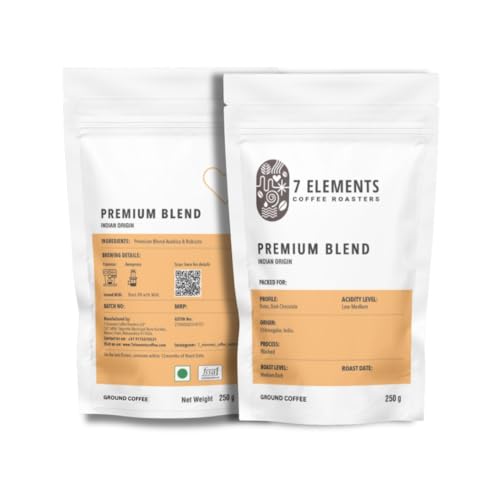 Image of 7 Elements Coffee Roasters Premium Blend Ground Coffee - 250 g (Pack of 1) | Medium-Dark Roast (Espresso, Moka Pot Grind) | Specialty Robusta & Arabica Coffee Grounds | Rich Flavorful Coffee