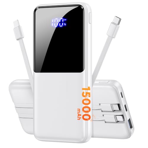 Portable Charger Power Bank, 50% Larger Capacity 15000mAh Battery Pack with Built in Cable, 22.5W Fast Charging Travel Camping Essential Powerbank for iPhone 17 16 Pro iPad Samsung S26 Google etc