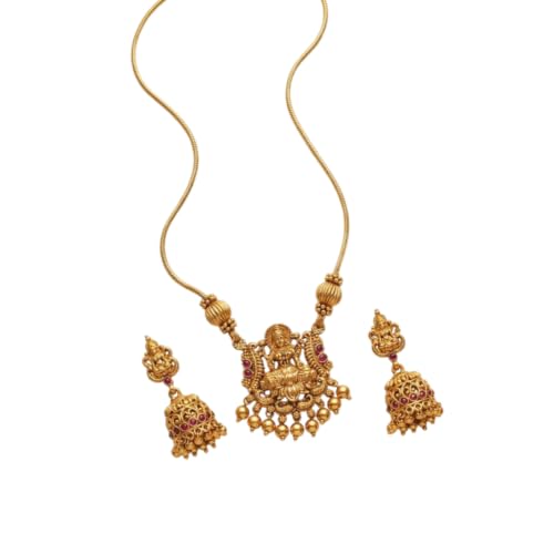 Image of Traditional Gold-Plated Lakshmi Temple Pendant Necklace Set for Women | Antique South Indian Jewelry with Jhumka Earrings | Ethnic Bridal, Wedding & Festive Jewelry Set