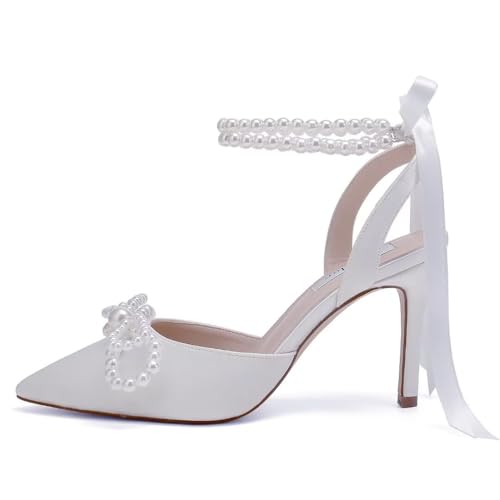 Image of Pearl Wedding Shoes for Bride High Heel Bridal Shoes Closed Toe Wedding Heels