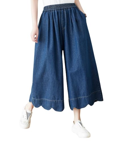 chouyatou Women's Cute Scalloped Hem Baggy Capri Jeans Wide Leg Elastic Waist Cropped Denim Pants with Pockets