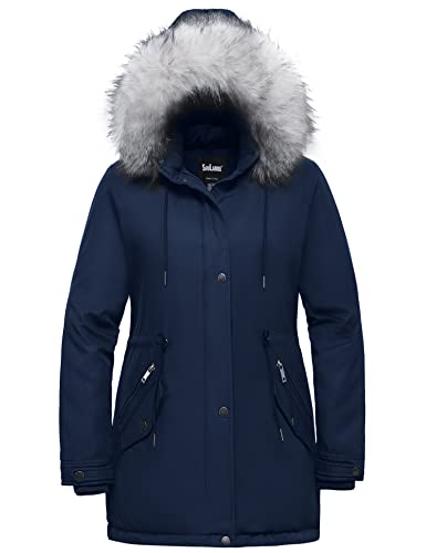 Soularge Women's Plus Size Winter Insulated Parka Coat with Faux Fur Hood (Navy, 4X)