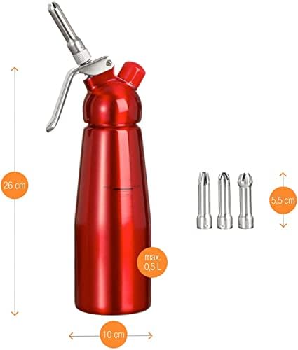 Amazy Whipped Cream Dispenser incl. 3 stainless steel nozzles + 2 cleaning brushes  Professional aluminium cream siphon made of aluminium prepares whipped crea, cream, mousse, and more (Red |500 ml)