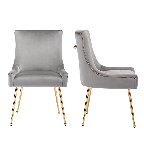 Adochr Modern Leisure Velvet Dining Chairs Set Of 2, Upholstered Velvet Chair With Gold Metal Legs, Mid-Century Accent Chair With Back, Grey #TOP5