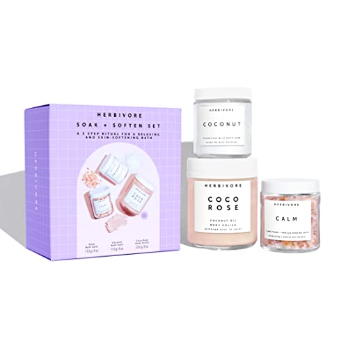Herbivore Botanicals Soak and Soften Set â€“ Coco Rose Body Polish (8 oz), Coconut Bath Soak (4 oz) and Calm Bath Salts (4 oz) for a Relaxing and Skin-Softening Bath