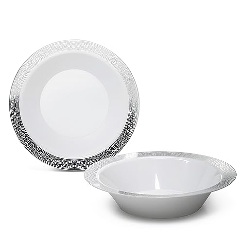 " OCCASIONS " 120 Pieces Plates Pack, Heavyweight Disposable Wedding Party Plastic Bowls (14oz Soup Bowl, Diamond in White & Silver)