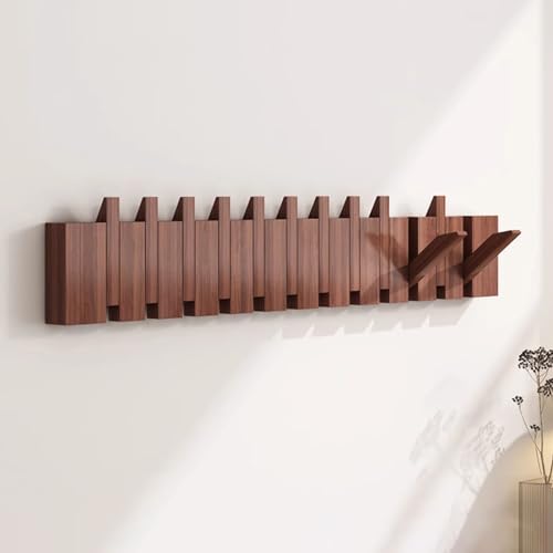 Porte-manteau mural robuste en noyer avec crochets de style piano pour accrocher manteaux, clés, chapeaux, peignoirs et serviettes – Cintre rabattable en bois pour entrée organisée