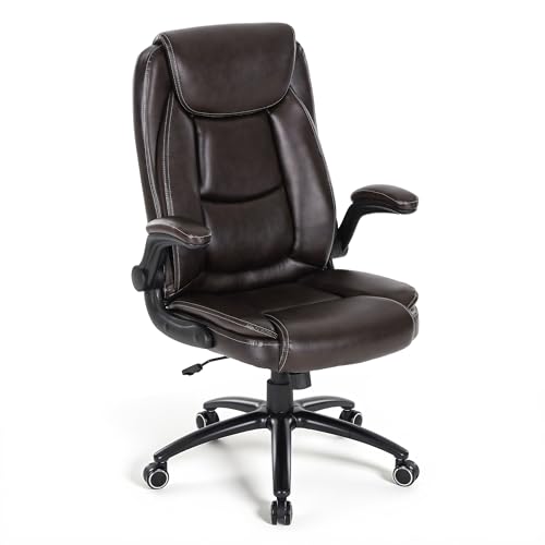 Image of MALOL 300LBS PU Leather High-Back Executive Office Chairs, Heavy Duty Home Ergonomic Computer Chair Flip-Up Armrests & Reclining Backrest, Brown