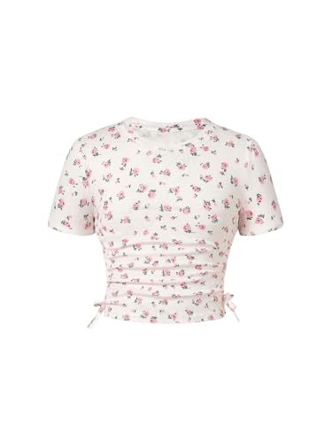 Floerns Girl's Floral Print Short Sleeve Drawstring Ruched Rib Knit T Shirts Tops