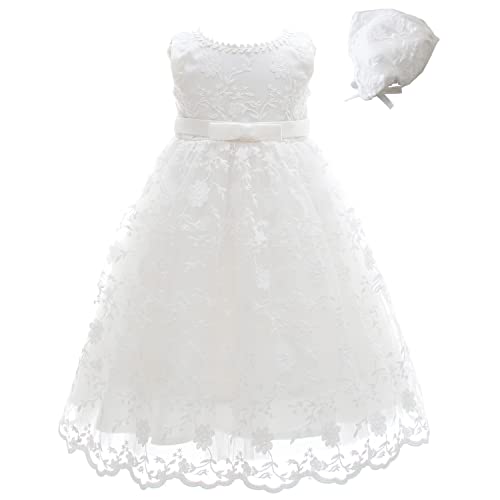 Image of Meiqiduo Baby Girls Lace Christening Baptism Gowns Dresses with Bonnet