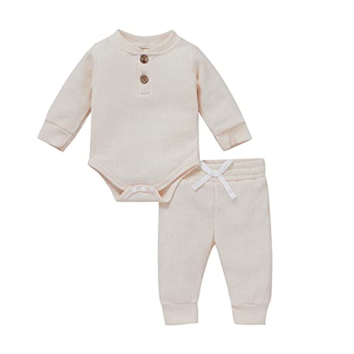 Hzykok Winter Newborn Baby Boy Girl Clothes Set Ribbed Outfits Unisex Infant Solid Cotton Button Long Sleeve Tops Pants 2Pcs 0-3 Months #TOP9