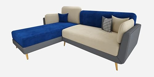 Image of Sixpine Luxury Dual Color Upholstery Lounger RHS Sofa in Premium Velvet | Solid Wood Structure | Sturdy Golden Legs | High Density Foam | Extra Comfort for Modern Living Room (Blue & Beige, 4 Seater)