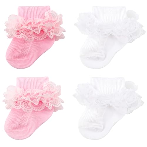 Image of AQOKKA 4 Pack Baby Girls Socks Eyelet Ruffle Lace Sock Baby Socks Newborn Infant Toddlers Frilly Summer Thin Dress Sock, 0-6 Months