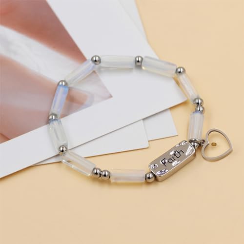 Image of Elastic Faith Bracelet for Women, Adjustable 7 inch Natural Stone Bracelet with Heart Mustard Seed Charm, Spiritual Christian Jewelry for Baptism, Graduation, Religious Celebration YA4856