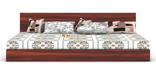 Image of Wooden Low Height King Size Bed Without Storage | Wooden Platform Double Bed | Space Saving Low Floor /Lying /Rise /Level /Profile Cot Bed for Bedroom | Basic Headboard, Honey Finish