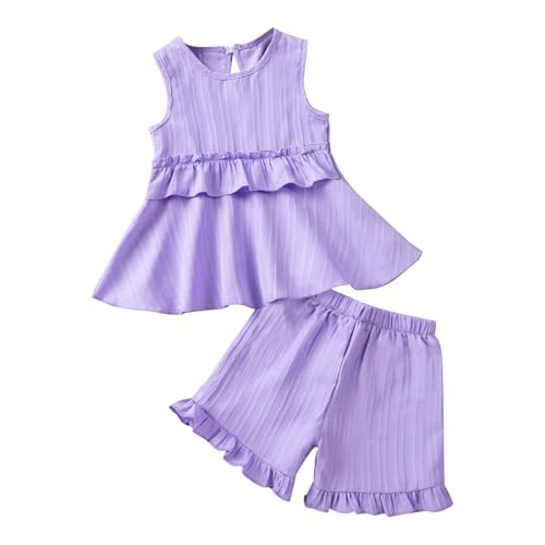 Tenue scolaire d'été 2 pièces pour petite fille, débardeur uni sans manches, short extensible à volants, doux et confortable séparé pour les cours et les jeux quotidiens en plein air (1A-violet foncé