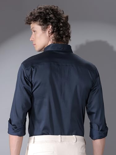 Image of Beyoung Regular Fit Formal Satin Shirt for Men - Navy Blue | Full Sleeves | Men's Stylish Satin Silk Shirt | Formal Shirt | Buttondown Collar
