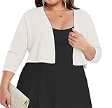 Plus Size Shrugs for Women 3/4 Sleeve Cropped Cardigan Knit Sweaters Open Front Bolero (White,XL)