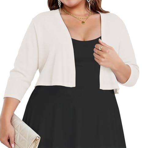 Plus Size Shrugs for Women 3/4 Sleeve Cropped Cardigan (White,3XL)