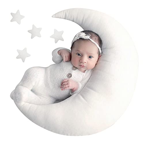 Image of Yarstar 1+4pcs Baby Moon Star Pillow Set Newborn Posing Photography Prop Moon Star Prop for Newborn Photography Baby Posing Pillows Baby Moon Nursery Pillow (A-White)