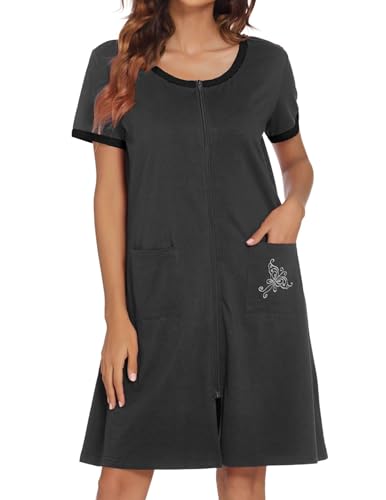 Image of Ekouaer Women Zipper Front House Coat Short Sleeves Robe Zip Up Bathrobes Short Nightgown with Pockets S-3XL