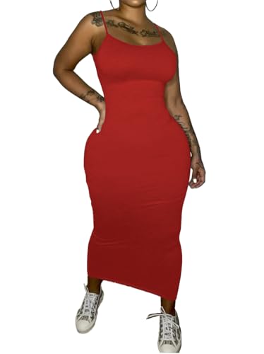 Image of PINSV Women's Bodycon Long Slip Dress Spaghetti Strap Summer Maxi Dress Modern Casual Sundress
