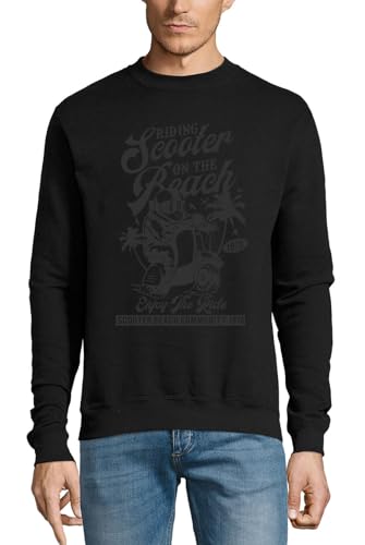 Pull en coton noir Riding Scooter On The Beach pour vos balades en bord de mer