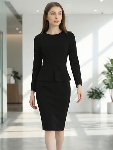 Image of Allegra K Women's Bodycon Dresses Round Neck Long Sleeve Casual Work Outfits Peplum Sheath Dress