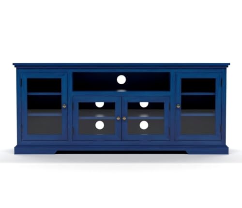 Image of Sheesham Solid Wood TV Cabinet for Living Room | Handcrafted Wooden TV Unit with Storage | Elegant Entertainment Stand for Modern Homes (Glass Tv Cabinet, Blue)