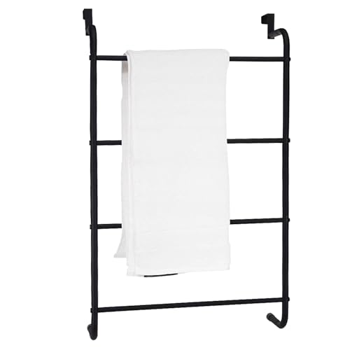Over Door Towel Rack 4 Tier Metal Bathroom Towel Rail & Hanging Towel Holder Space Saving Door Mounted Storage Organiser No Drill Installation | Black 73 x 44cm