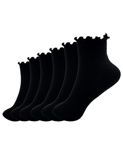 Image of Women Ruffle Ankle Socks Cute Frilly Socks Solid Color Casual Soft Cotton Knit Sock Lettuce Frilly Crew Socks 6 Pair