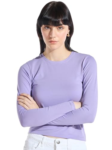 Image of Bewakoof Women's Solid Slim Fit Full Sleeve Round Neck Cotton Lycra Blend Top