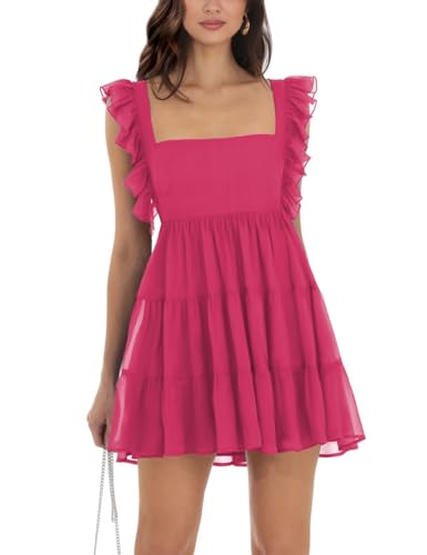 Image of Women's Summer Square Neck Tie Back Ruffle Sleeve Tiered Casual A-Line Short Mini Dress