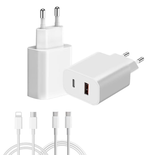 OWYELO Set 2xCaricabatterie 20W USB-C/A + 2xCavi Veloci da 2m(C-C e C-Lightning), Ricarica Rapida PD per iPhone 16/15/14, Galaxy, Doppia Portata, Bianco
