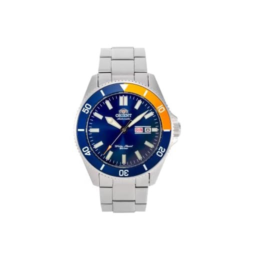 Orient "Kanno" Relógio japonês estilo mergulhador automático/corda manual, Azul/laranja (pulseira de aço inoxidável), Pulseira de aço inoxidável