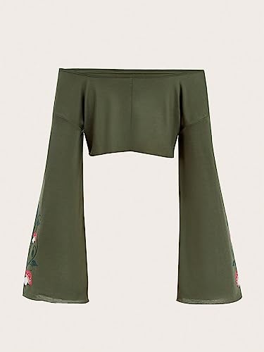 SOLY HUX Women's Off Shoulder Bell Long Sleeve Crop Top Mushroom Print Tee T Shirt2