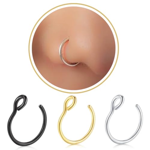 WIIKKOPM Thin Fake Clip On Nose Ring Hoop for Women - No Piercing Needed Nose Cuff 22 Gauge 8mm Faux Nose Septum Ring- Gold Silver Black - 22g - Set of 3