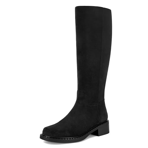 Image of Dsevht Black Knee High Boots for Women Faux Leather Elastic Low Heel Round Square Toe Side Zipper Fall Long Tall Boot
