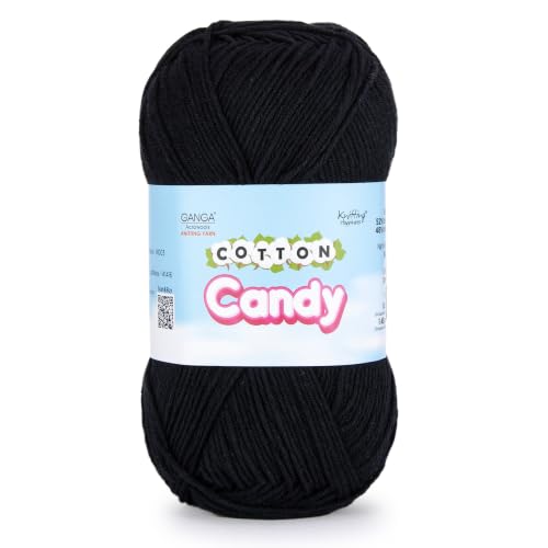 Image of Ganga Acrowools Cotton Candy Yarn - Soft Premium Cotton Blend Wool for Knitting & Crochet | Lightweight, Smooth Texture, Pastel Shades, 100gm Ball (CCY001 -Jet Black)