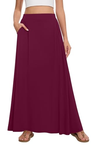 Image of Womens Maxi A-line Long Skirt Casual 2026 Elastic High Waist Flowy Skirts with Pockets