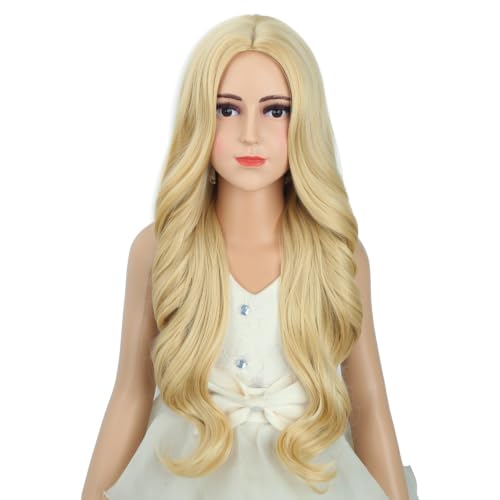 Image of Girls Light Blonde Wig Kids Long Mixed Blonde Wavy Curly Wig Girls Middle Part Wigs Heat Resistant Synthetic Wigs with Cap