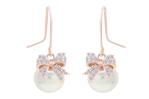 14K Gold Plated Sterling Silver Round Stud White Simulated Shell Pearl 10mm Ribbon Bow Drop Earrings for women