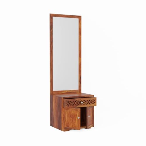 Image of WOODLAB Furniture Solid Sheesham Wood Dressing Table Mirror with Drawer and Cabinet Storage for Bedroom Home | Wooden Dressers for Living Room Hall - Honey Finish